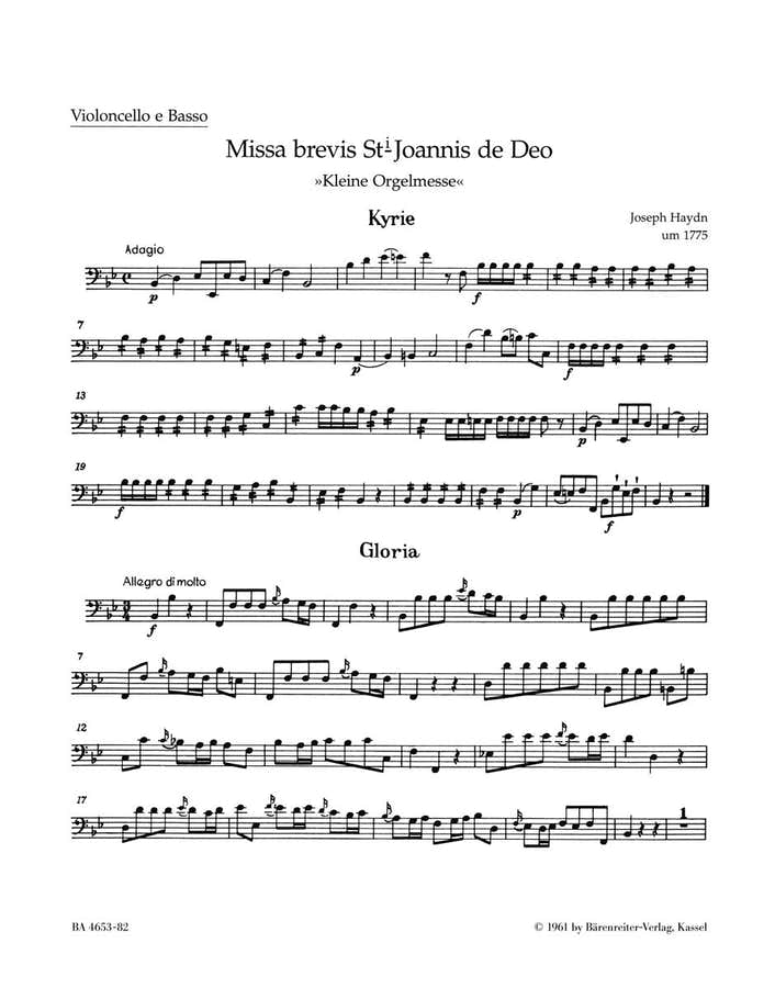 Haydn J. - Missa Brevis St Joannis De Deo Little Organ Mass Hob.Xxii:7 - Cello Basse
