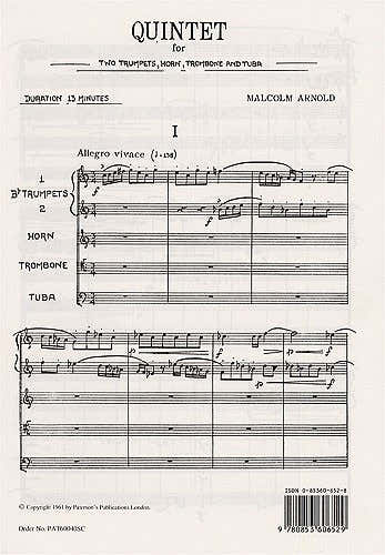 ARNOLD MALCOLM - QUINTET FOR 2 TRUMPETS HORN TROMBONE AND TUBA - STUDY SCORE