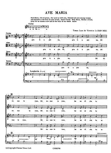 Victoria Tomas Luis (De) - Ave Maria - Chorale Satb Piano