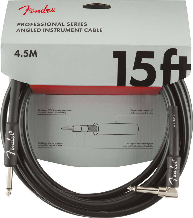 PROFESSIONAL INSTRUMENT CABLES STRAIGHT/ANGLE 15' BLACK