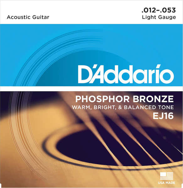D'ADDARIO EJ16 PHOSPHOR BRONZE ACOUSTIC GUITAR STRINGS LIGHT 12-53