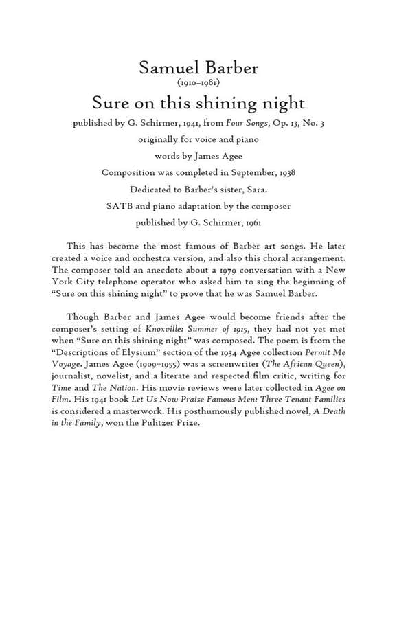 Barber Samuel - Sure On The Shining Night Op.13 N°3 - Satb & Piano
