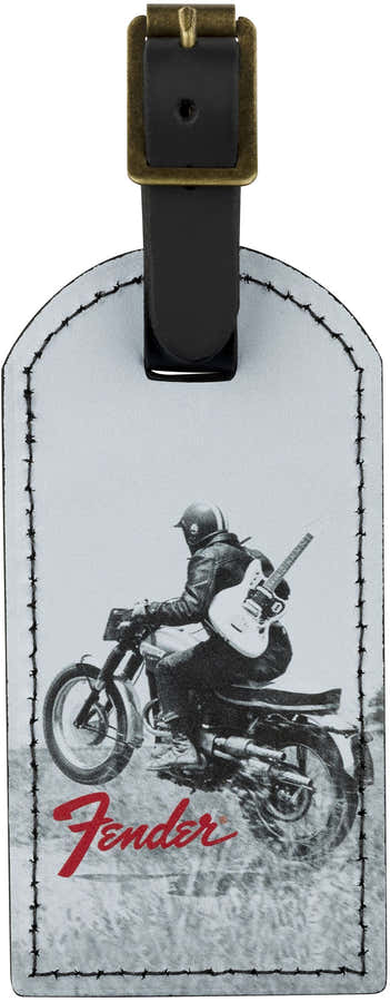 Fender Vintage Ad Luggage Tag Motorcycle Rider