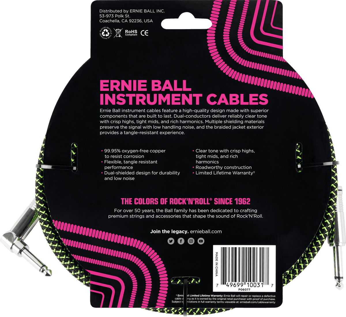 Cables de Instrumento Funda Trenzada Jack/jack Acodado 3M Negro/Verde