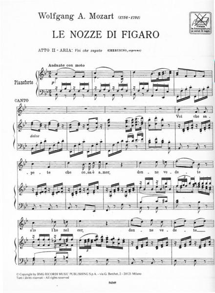 MOZART W.A. - LE NOZZE DI FIGARO: VOI CHE SAPETE - CHANT ET PIANO