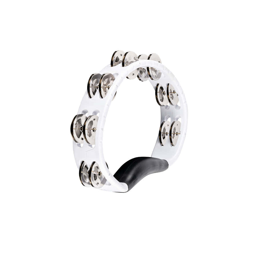PERCUSSION HEADLINER SERIES HAND HELD ABS TAMBOURINE DUAL ROW WHITE STAINLESS STEEL JINGLES