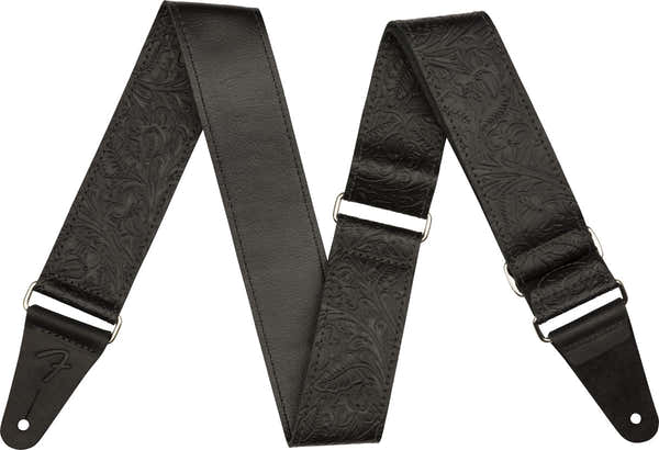 TOOLED LEATHER GUITAR STRAP 2" BLACK