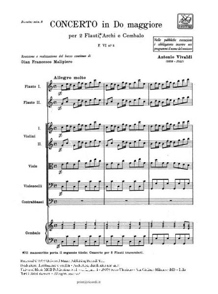 VIVALDI A. - CONCERTO IN DO RV 533 - F.VI/2 - FLUTE CORDE ET BASSE CONTINUE