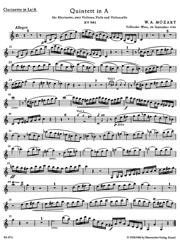 MOZART W.A. - QUINTETT IN A MAJOR KV 581 - CLARINETT 2 VIOLINS VIOLA VIOLONCELLO