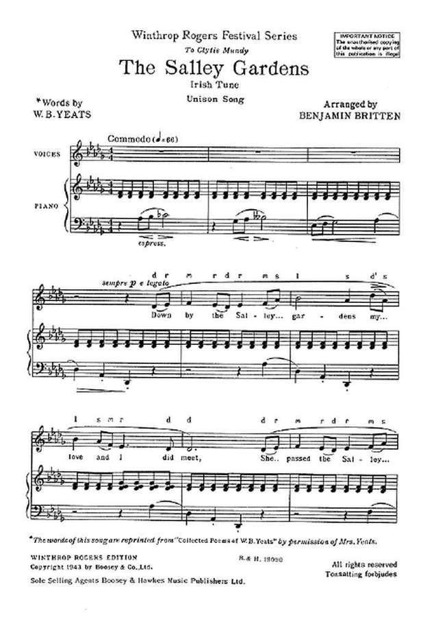 BRITTEN BENJAMIN - THE SALLEY GARDENS - CHOIR UNISON AND PIANO