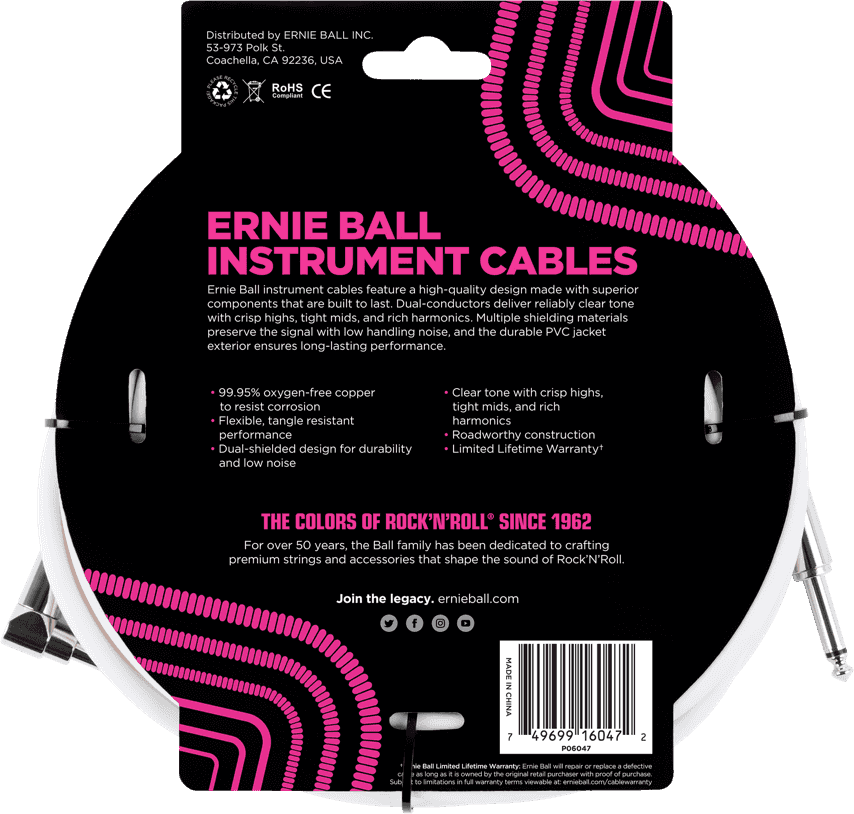 Cables De Instrumento Classic Jack/Jack Acodado 6M Blanco