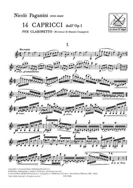 Paganini N. - 14 Capricci (dall'op.1) E 'moto Perpetuo' Op.11 N.6 - Clarinette