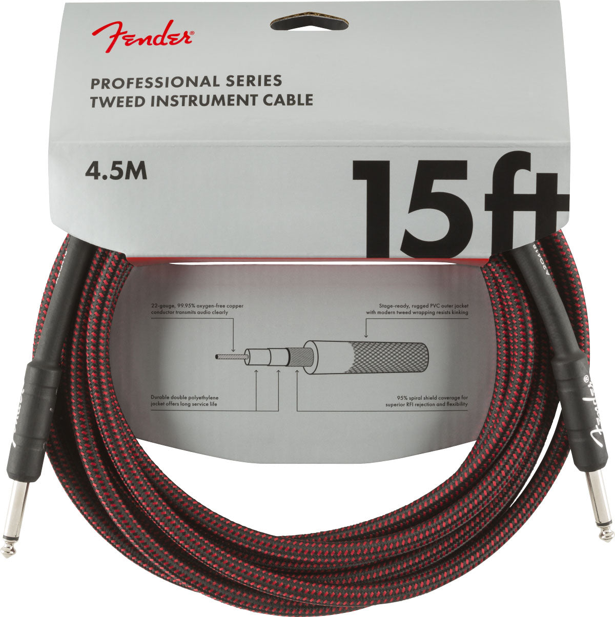 PROFESSIONAL INSTRUMENT CABLE 15' RED TWEED