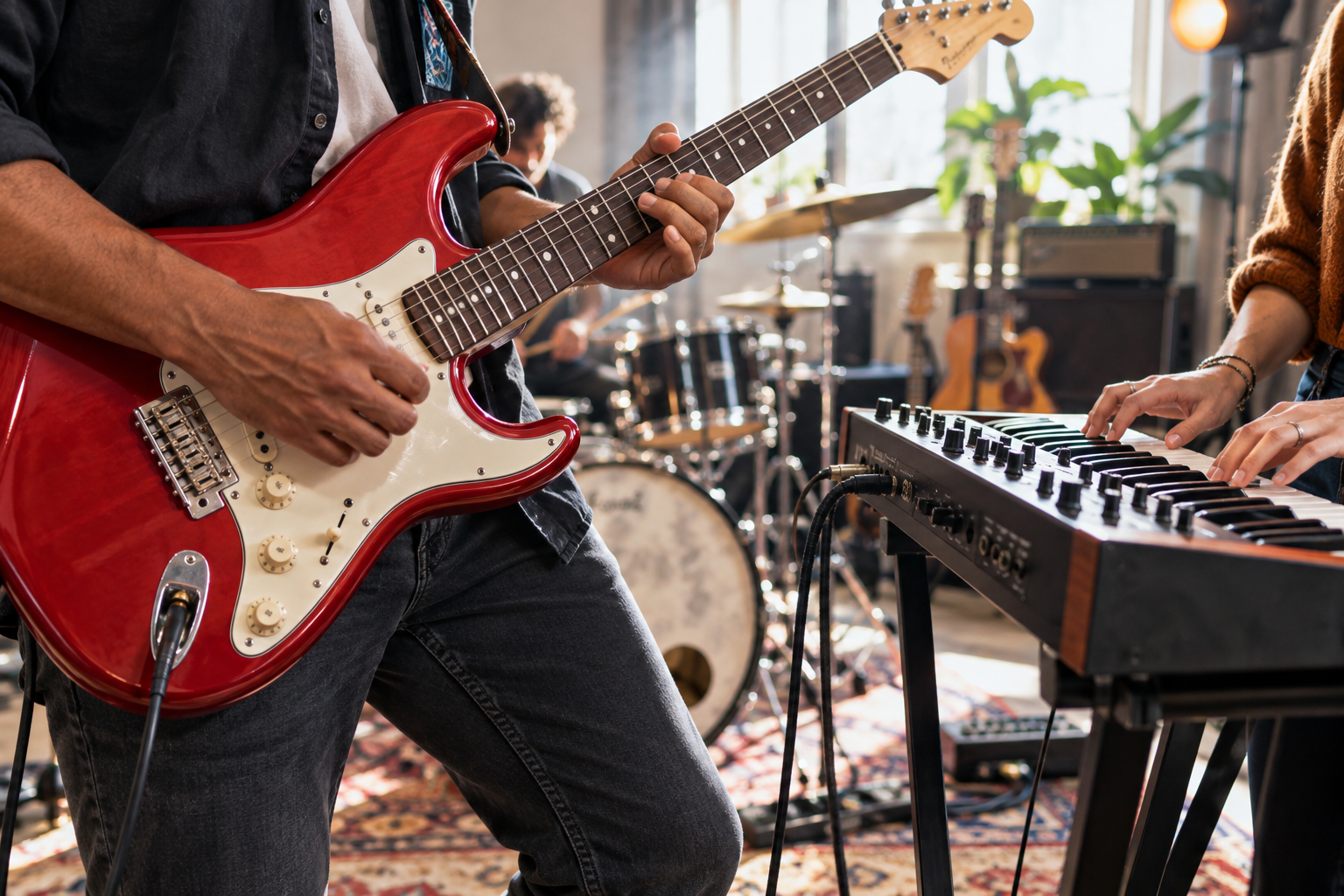 Músicos que tocan la guitarra y el teclado